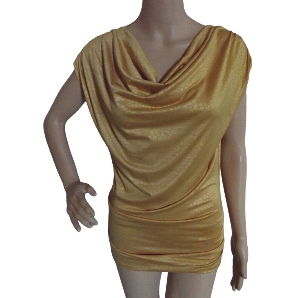 NTD Gold Blouse Small Long Textured Draped Neck Ruched Cap Sleeve top shirt